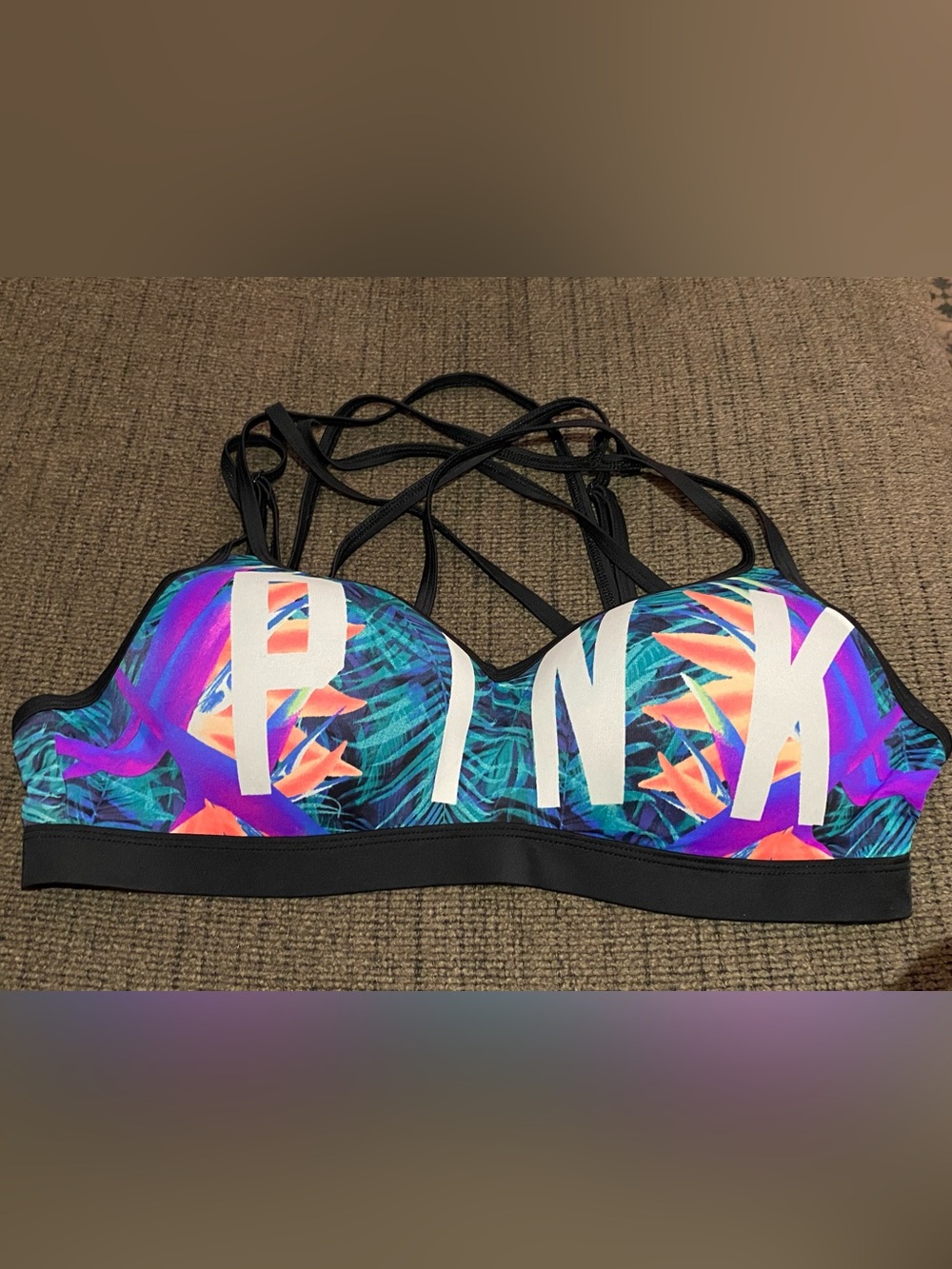 PINK Strappy Tropical Swim Bra in Teal & Purple
